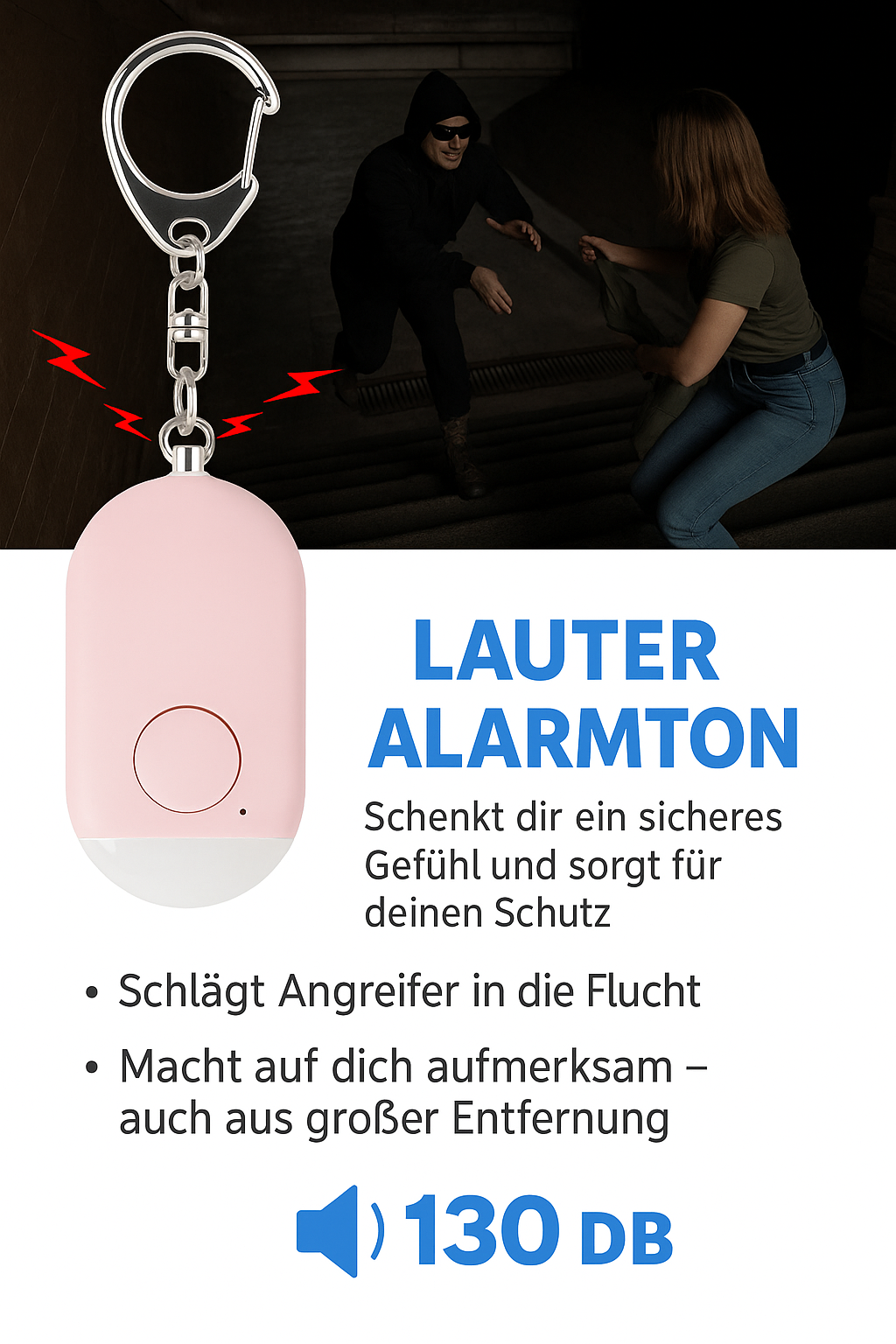 Persönlicher Sicherheitsalarm mit 130 dB | SOS-Schlüsselanhänger mit LED